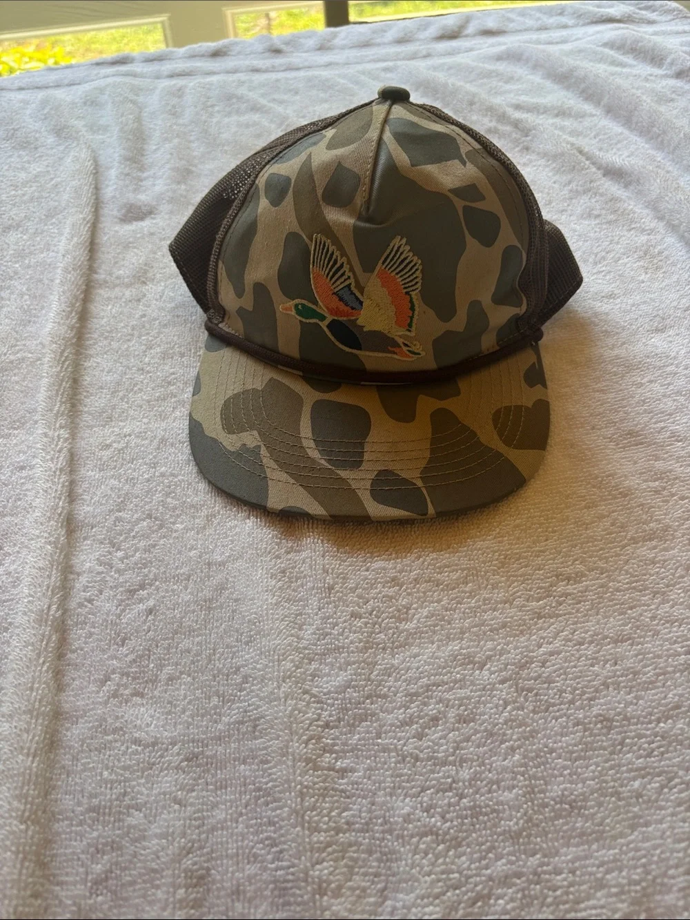 BURLEBO Camo Trucker Hat with Embroidered Flying Duck - Brown/Green